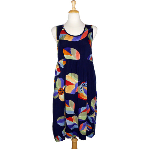 sleeveless blue floral dress with pockets, scoop neck, gathered waist, comfy.