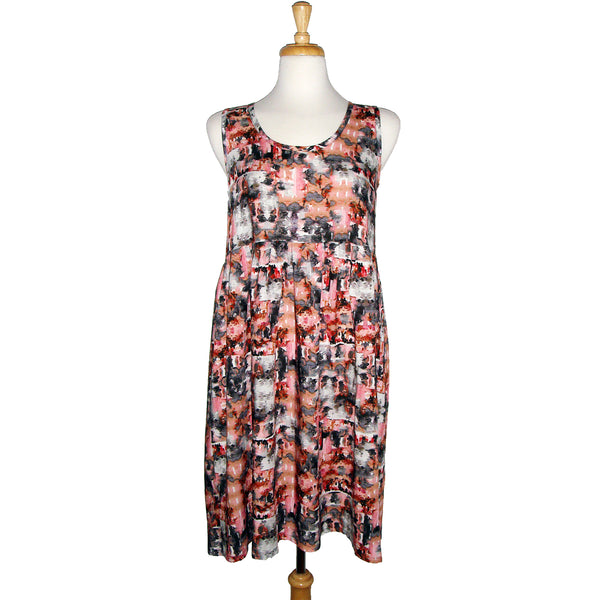 sleeveless summer dress with gathered waist and a high low hem in a beautiful watercolour print in soft pinks and greys