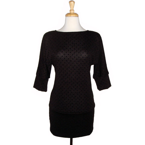 Long tunic, sweater dress, top, black on black polka dots